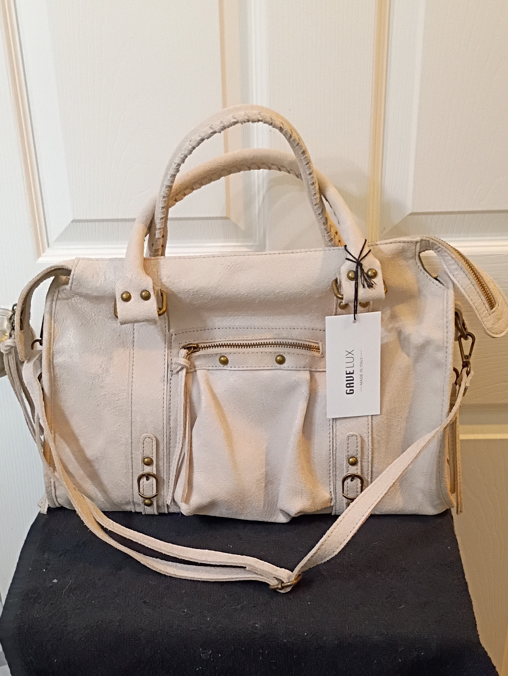 Neutral Leather Satchel with Detachable Strap by